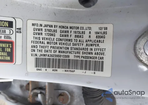 2009 Honda Civic Hybrid из США, поврежденный, VIN JHMFA36239S013309